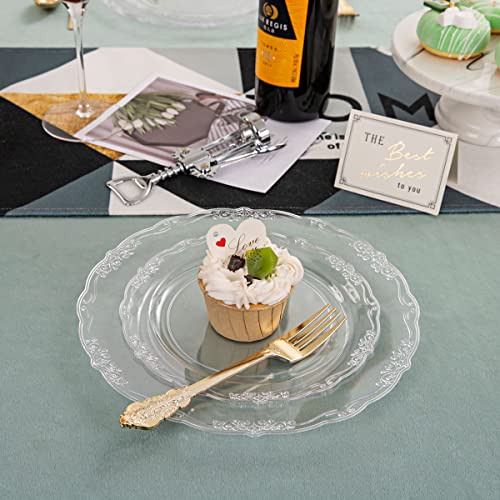 U-QE 100 Pieces Clear Plastic Plates - Clear Disposable Plates - Premium Hard Plastic Plates for Party, Holiday and Party Use Including 50 Dinner 10 '' & 50 Dessert Platos 7.5 '' - color: Clear