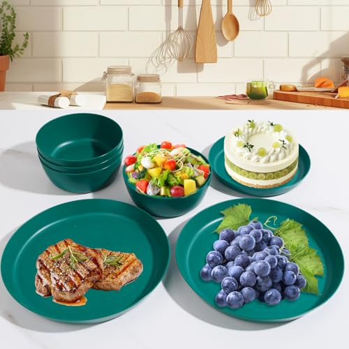 EI 12pcs Dark Green Wheat Straw Plates,Plate and Bowls Sets,Wheat Straw Dinnerware Set,Unbreakabl Plastic Plates Reusable,eMelamine Dinnerware Sets - color: Dark GreenWheat Straw Plates and Bowls
