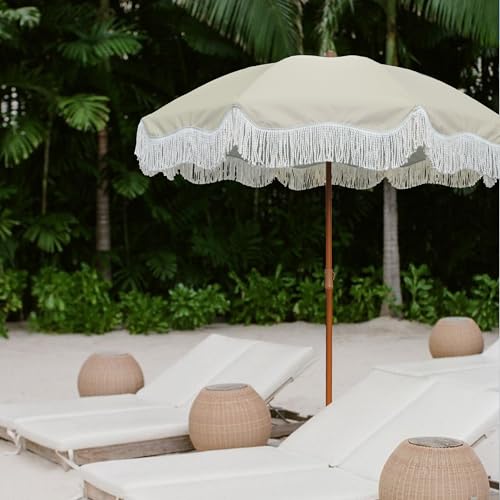 AMMSUN 6.5ft Boho Outdoor Umbrella with Fringe, UPF 50+ Picnic Umbrella with Tassels, Premium Steel Pole and Push Button Tilt, Light Beige - color: Light Beige