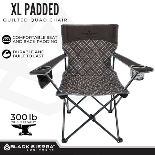 Black Sierra Quilted Padded Camping Chair, Oversized Heavy Duty Outdoor Lounge Seat Supports 300 lbs, Portable, Folding with Cup Holder for Beach, Tailgating, Sports, Patio - color: Brown Plaid