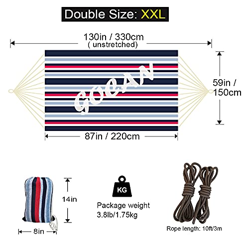 GOCAN Brazilian Double Hammock 2 Person Extra Large 220x160cm Total Length 330cm Load 500lb Canvas Cotton Hammock for Patio Porch Garden Backyard Lounging Outdoor and Indoor(Dark Blue) - color: Dark Blue, size: XX-Large
