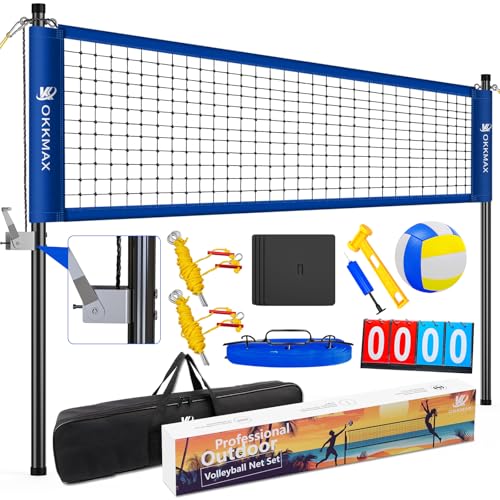 Professional Outdoor Volleyball Net Set with Adjustable Poles & Anti-Sag Design, Portable Volleyball Net Includes Beach Fixed Plate, Scoreboard, Boundary Line and Carry Bag for Backyard Beach Grass - color: Blue
