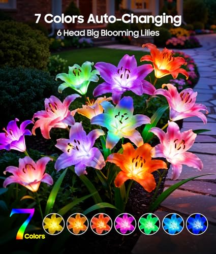 LETMY Solar Garden Lights, 4 Pack Solar Flower Lights with 6 Head Bigger Lily Lights, IP65 Waterproof Solar Lights Outdoor, Decorative Lights for Garden, Patio, Yard, Flower Bed - size: 4 PACK