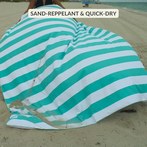 Plush Microfiber Beach Blanket, Extra Large Beach Mat for 3-6 Persons, Sandproof, Windproof | Hole for Umbrella, Corner Sand Pockets to Fight Wind (Bag for Blanket Included) - color: Teal & Stripes, size: X-Large
