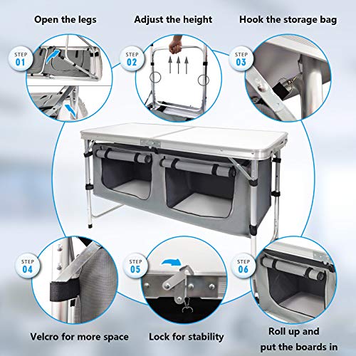 CampLand Outdoor Folding Table Aluminum Lightweight Height Adjustable with Storage Organizer for BBQ, Party, Camping - color: White