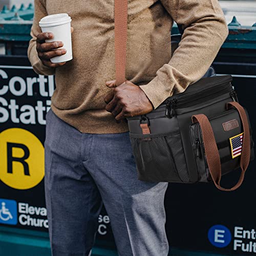 Tactical Lunch Box for Men- Large Insulated Lunch Bag-Expandable Adult Lunch Box with Adjustable Shoulder Strap-Large Lunch Tote Bag for Work Camping Fishing (Black-Leather) - color: Deep Black