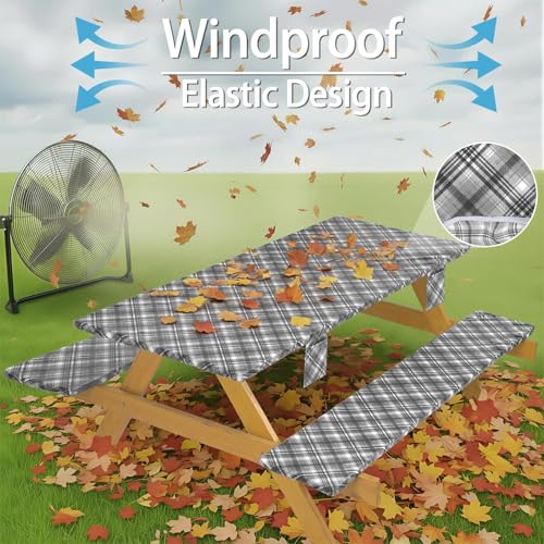 Fitted Waterproof Picnic Table Cover with Bench Covers Heavy Duty Elastic Outdoor Camping Tablecloth for 8 Foot Rectangle Tables Summer Rv Accessories Patio Garden Road Trip Essentials Gifts - color: Black and White Lines, size: 96" x 30" (Rectangular)