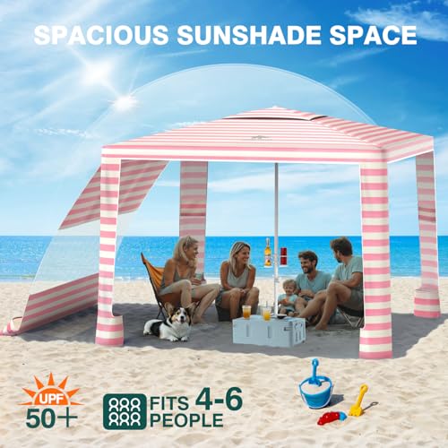 Rhino Valley Beach Cabana, 8 * 8FT Beach Tent UPF50+ Protection, Easy Setup Beach Canopy Wind Resistant with Cup Holder, Compact Beach Shade Foldable Beach Tent Sun Shelter, Pink & White Stripes - color: Pink & White Stripes