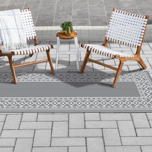GENIMO Outdoor Rug Waterproof for Patio, 2.5'x8' Foldable Reversible Plastic Straw Runner Rugs and Carpet for Porch, Outside Area Mat for Rv, Deck, Picnic, Camper, Balcony, Beach, Grey & White - color: Grey & White | Natural, size: 2'6" x 8' (Runner)