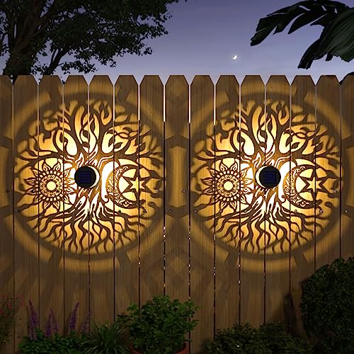 gardencave 4 Pack Solar Fence Lights Metal Solar Powered Outdoor Wall Deck Step Lights Tree Theme Waterproof Fence Light for Garden Post Patio Backyard Yard Decor (Tree, 4 Pack) - color: Tree, size: 4 Pack