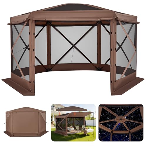 VEVOR Pop up Gazebo Screen Tent, 12 x 12 ft Large 6-Sided Camping Canopy Tent with Removable Top & Carry Bag, Quick-Set & Bite-Proof, Screen House Sun Shelter for 8-10 Persons Backyard Patio, Brown - color: Brown, size: 12 x 12 ft