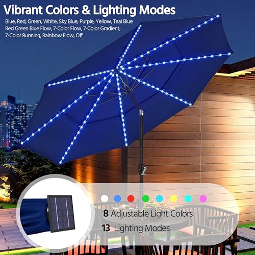 Yaheetech 10ft 3-Tier Solar Patio Umbrella, Outdoor Market Umbrella w/ 24 LED Lights, 8 Sturdy Ribs, Tilt Adjustment, Easy Crank for Garden, Deck, Navy Blue - color: Navy Blue