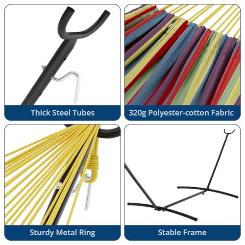 TrailBlaze Double Hammocks with Stand for Outside, Frabic Tension Adjustable Indoor,Carrying Bag Included, 450 lbs Capacity, Portable Space Saving Heavy-Duty Steel Stand for Indoor Outdoor Patio - color: Yellow Rainbow Stripes