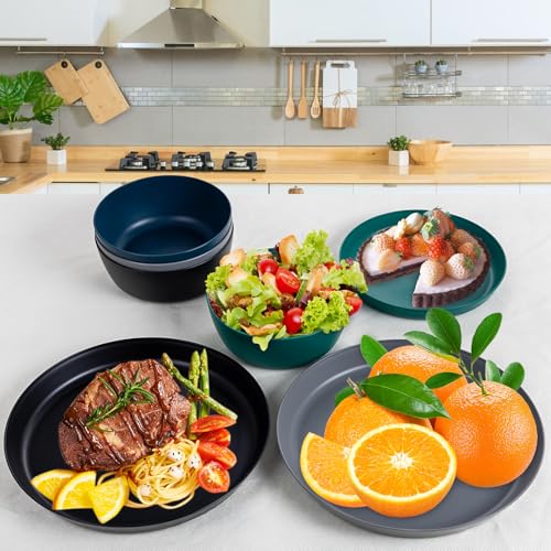 EI 12pcs Wheat Straw Plates,Plastic Plates Reusable,Unbreakable Plastic Plate,Wheat Straw Dinnerware Set,Melamine Plate-Black,Dark Grey,Dark Green,Dark Blue,Dinner, Camping,Picnic - color: Black,Drak Grey,Dark Green and Dark Blue Wheat Straw Plates and Bo