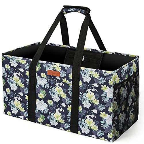 WONDAY Extra Large Reusable Grocery Bag Carrier with Handle, Thirty One Utility Tote Foldable for Shopping and Beach - color: Dark Blue Flower