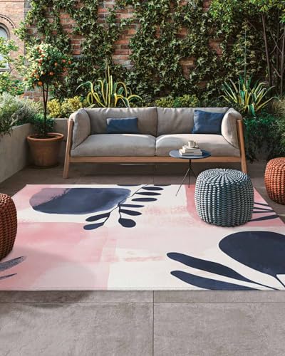 Outdoor Rug 6x9ft, Boho Abstract Leaves Pink Gradient Indoor Area Rug for Patio Backyard Deck Large Floor Mat, Morandi Color Nordic Style Non-Slip Outside Carpet Balcony Porch Camping Rugs Picnic Mat - size: 6' x 9' (Rectangular)