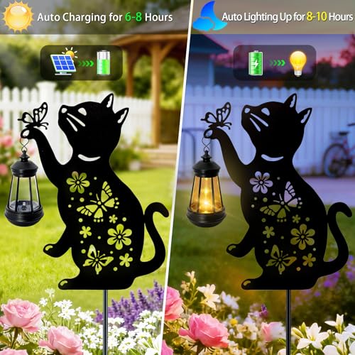 ANGMLN Cat Solar Lights Outdoor, Black Cat Hanging Lantern Waterproof, Cat Lover Gifts for Women Mom Birthday Mother's Day, Metal Garden Statue Yard Decor Patio Pathway Backyard Lawn Ornaments - color: Cat