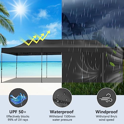 COBIZI 10x30 Heavy Duty Pop Up Canopy Tent with 8 Sidewalls Thicken Frame, Commercial Easy Up Outdoor Wedding Party Tents, All Season Waterproof Windproof with Stakes Sandbags Ropes Roller Bag, Black - color: Black, size: 10x30