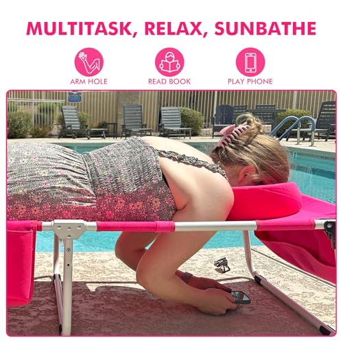Tanning Chair with Sun Canopy Face Hole Softer Padded Adjustable Washable, Heavy Duty Layout Folding Lounge Chair for Adults Outside Beach Reading Sunbathing Poolside, UPF 50+ Sun Shade, Pink, 300 LBS - color: Pink, size: Standard Size