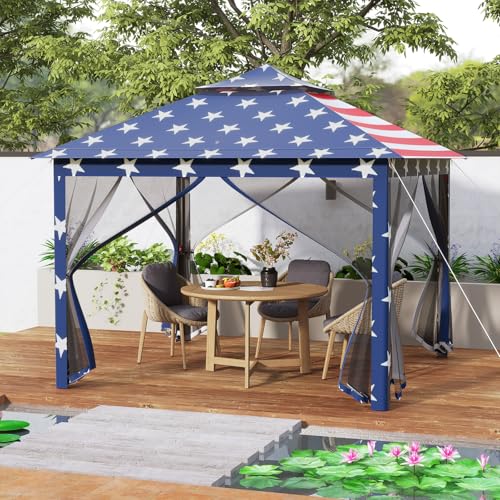 Goplus11 ft × 11 ft Pop up Gazebo, Portable Screen Canopy Shelter w/Mesh Netting Sidewalls, Vented Top, Drainage Holes, Heavy-Duty Height Adjustable Easy Setup Party Tent for Backyard - color: American Flag