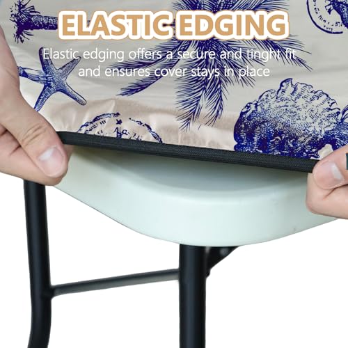 Picnic Table Cover with Bench Covers Elastic Edges, Outdoor Patio Camping Essentials 72 Inch 3PCS, Waterproof Camping Fitted Tablecloth with Handbags (Vintage ocean theme) - color: Ocean Elements, White