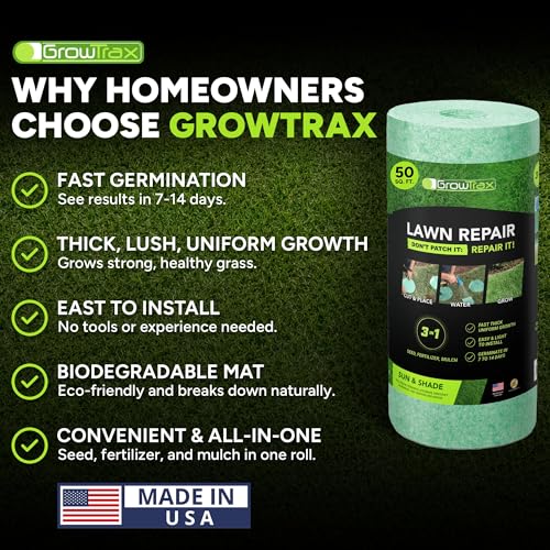 Growtrax Biodegradable Grass Seed Mat, Year Round Green - 50 Sq Ft Quick Fix Roll - Growing Solution for Lawns, Dog Patches and Shade - Just Roll Water & Grow -Not Fake or Artificial Grass - size: 50sqft