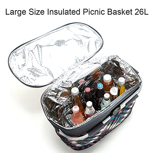 Insulated Picnic Basket 26L Portable Collapsible Market Leakproof Tote with Aluminum Handle for Camping, Shopping, Travel, Large Size (Orange) - color: Orange