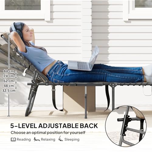 Outsunny Folding Chaise Lounge Chair Outdoor Tanning Chair with Side Table, 5-Level Adjustable Beach Lounge Chair with Headrest, Side Pocket for Patio, Backyard, Beach, Poolside, Beige - color: Beige