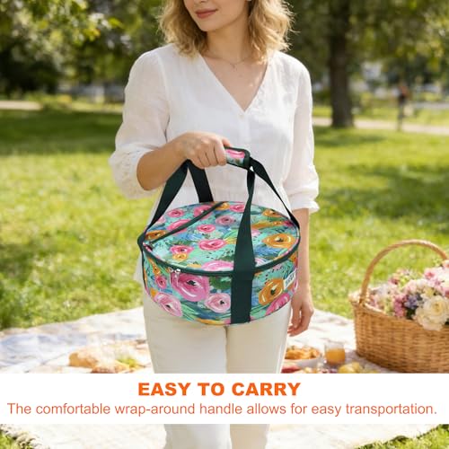 Round Insulated Pie Carrier Portable Food Cake Transport Lunch Bag for Potlucks Picnics Parties Gathering Outdoor Events Travel (Green Floral) - color: Green Floral
