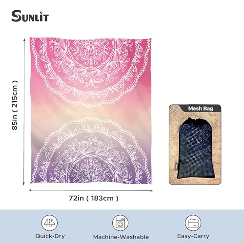 Sunlit Silky Soft Sand Proof Beach Blanket 106"x81" / 85"x72" Sand Proof Mat with Corner Pockets and Mesh Bag for Beach Party, Travel, Camping and Outdoor Music Festival, Mandala - color: Purple Red, size: 85"x72"