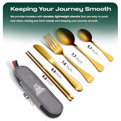 Taplord Portable Travel Silverware Set With Case, Includes 5 Pcs of Travel Utensils With Case, Stainless Steel Flatware Set For Camping, Easy to Travel, Lightweight (Gold) - color: Gold, size: 5 Pieces