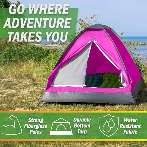 2 Person Camping Tent with Rain Fly and Carrying Bag – Lightweight Outdoor Pop Up Tents for Camping Essentials, Music Festivals, Backpacking, Hiking, or Beach Shelter by Wakeman Outdoors - color: Pink