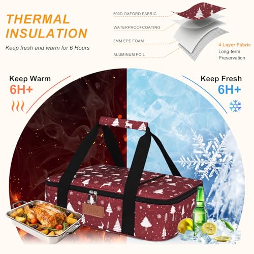 BBV Insulated Casserole Carrier for Hot or Cold Food, Food Warmer Bag Fits 9"x13" Baking Dish, Durable Nylon Leak Proof Food Containers for Travel, Potluck, Parties, Picnic, Cookouts (Christmas Elk) - color: Christmas Elk