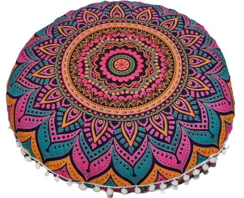 CRAFT KALA 22" Round Mandala Boho Pillow Cover Meditation Room Seating Poufs Cover for Living Room Yoga Room Home Bedroom Balcony Garden Party Decoration Cotton Floor Cushion Cover 22", New Pink Ombre - color: New Pink Ombre, size: 22"