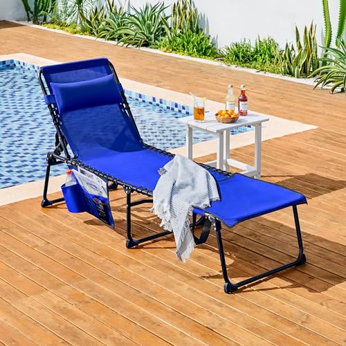 Yaheetech 22.4" Tanning Chair with Face Hole, Adjustable 5-Position Folding Chaise Lounge Chairs, Outdoor Lounge Chairs for Lawn, Beach, Sunbathing, Blue - color: Blue, size: 22.4"