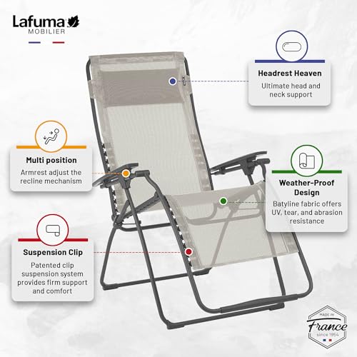 Lafuma Futura XL Zero Gravity Outdoor Steel Framed Lawn Recliner Chair with Armrest, Extra Wide Recliner, and Adjustable Neck Pillow, Seigle - color: Grey (Seigle), style: XL Futura Zero Gravity