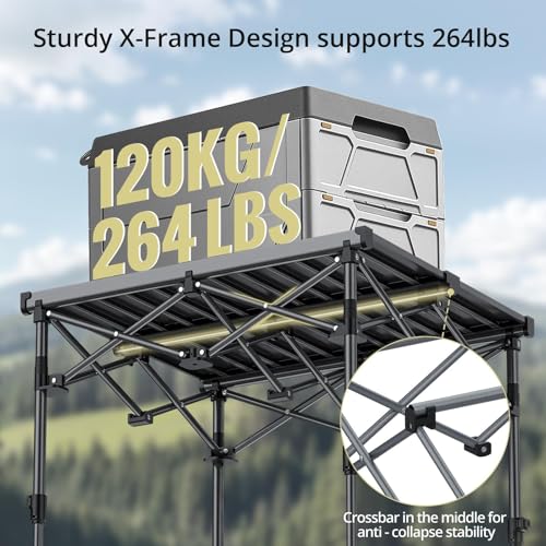 Anbte Camping Table Foldable, 2 Height Max 27.5" Aluminum Roll up Camping Table with Carry Bag & Heat-Resistant Tabletop, Lightweight, for Indoor Outdoor RV BBQ Picnic Patio Beach, 26" x 23", Black - size: 67 x 58 x [44/70] cm