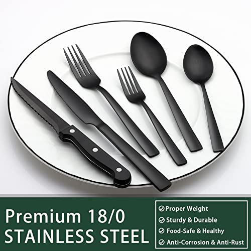 EWFEN 24-Piece Black Silverware Set with Steak Knives, Black Flatware Set for 4, Food-Grade Stainless Steel Tableware Cutlery Set, Mirror Finished Utensil Sets for Home Restaurant, Square Edge - style: Square Edge