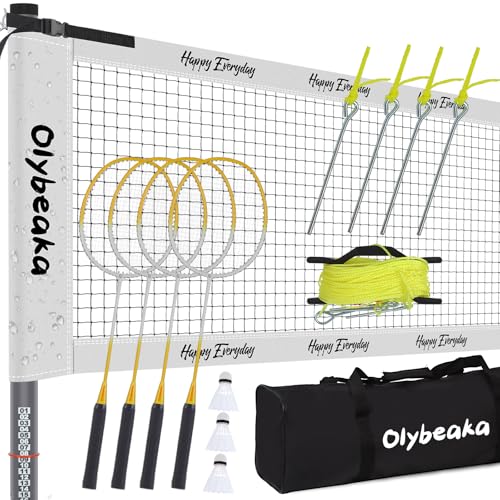 Outdoor Badminton Set for Backyard Lawn Beach Portable Badminton Net Set System with Anti Sagging Design 4 Carbon Aluminum Rackets 3 Birdies and Carrying Bag - color: White