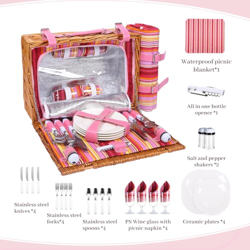 Neti Neti Wicker Picnic Basket for 4 with Insulated Cooler & Waterproof Blanket – Large Willow Picnic Hamper for Outdoor, Camping, Beach, Romantic Dates, Valentine’s Day - color: Red & Yellow Striped