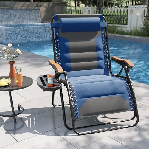 PHI VILLA XXL Oversized Padded Zero Gravity Chair, Foldable Patio Recliner, 30" Wide Seat Anti Gravity Lounger with Cup Holder, Support 400 LBS (Thumb Blue) - color: Blue, style: 1 Pcs