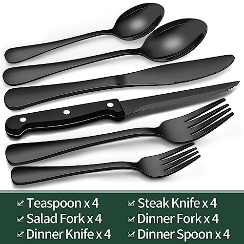 EWFEN 24-Piece Black Silverware Set with Steak Knives, Black Flatware Set for 4, Food-Grade Stainless Steel Tableware Cutlery Set, Mirror Finished Utensil Sets for Home Restaurant, Round Edge - style: Round Edge