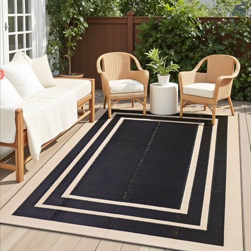 OLANLY Outdoor Rug 4x6 ft Waterproof, Reversible Outdoor Plastic Straw Rug, RV Mat, Indoor Outdoor Carpet Clearance for Patio, Camping, Balcony, Deck, Backyard, Black & Beige - color: Black & Beige, size: 4' X 6' (Rectangular)