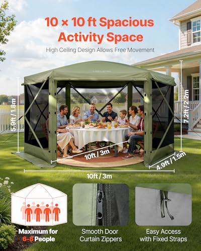 VEVOR Pop up Gazebo Screen Tent, 10 x 10 ft Large 6-Sided Camping Canopy Tent with Removable Top & Carry Bag, Quick-Set & Bite-Proof, Screen House Sun Shelter for 6-8 Persons Backyard Patio, Green - color: Army Green, size: 10 x 10 ft