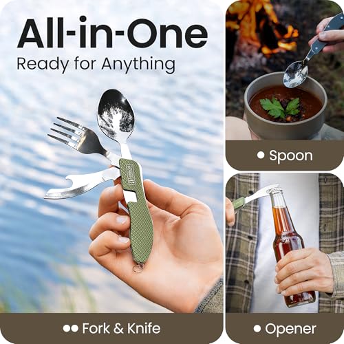 Orblue 4-in-1 Camping Eating Utensils, 2-Pack - Portable Spoon, Fork, Knife & Bottle Opener Combo Set - Stainless Steel Flatware with Detachable Fork - Backpacking Cutlery Multitool, Olive Green - color: 2-PACK Olive Green