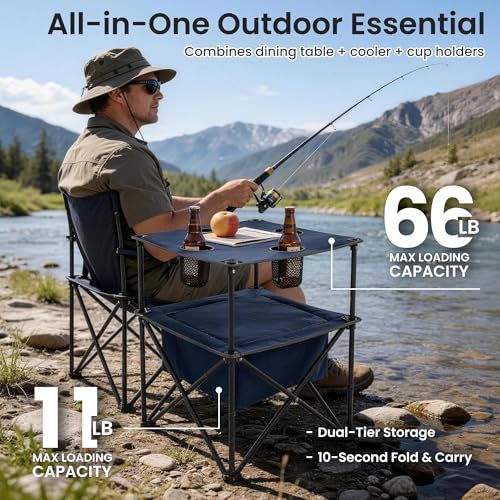 Portable Outdoor Folding Camping Table with 4 Cup Holders & Cooler Compartment, Waterproof Picnic Table for Picnic, BBQ, Beach, Hiking (Navy Blue) - color: Navy Blue