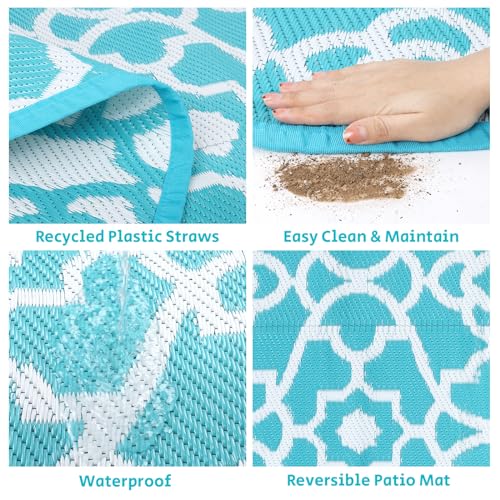 HEBE Outdoor Rug Waterproof 8ft, Plastic Straw Rug Camping Rug, Reversible Outdoor Patio Rugs RV Mat Clearance, Indoor Outside Floor Carpet for Porch,Deck,Camper,Balcony,Backyard - color: Teal, size: 8' (Round)