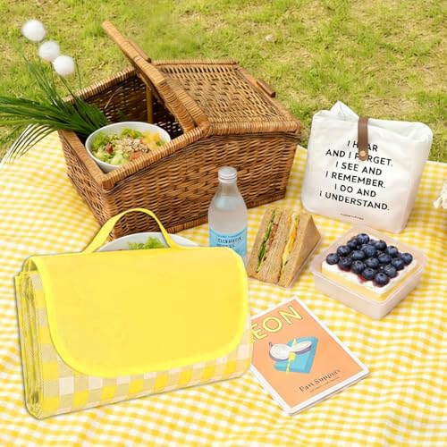 Large Picnic Outdoor Blanket, 40''x60'' Waterproof Sand Beach Mat, Foldable Blankets Gingham Picnic Mat for Beach Camping Grass Lawn Park Hiking Travel Accessories Family Concerts (Yellow White) - color: Yellow, size: 40''x60''