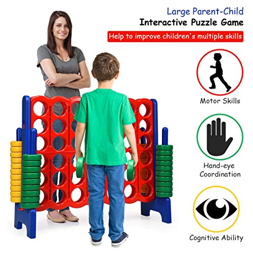 Costzon Giant 4-in-A-Row, Jumbo 4-to-Score Giant Game Set for Kids & Adults, Indoor Outdoor Yard Connect Game, 3.5FT Tall with 42 Jumbo Rings & Quick-Release Slider, Perfect for Family & Party Games - color: Red/Blue
