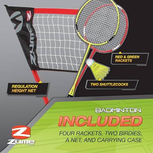 Zume Games Portable Badminton Set with Freestanding Base - Sets Up on Any Surface in Seconds - No Tools or Stakes Required